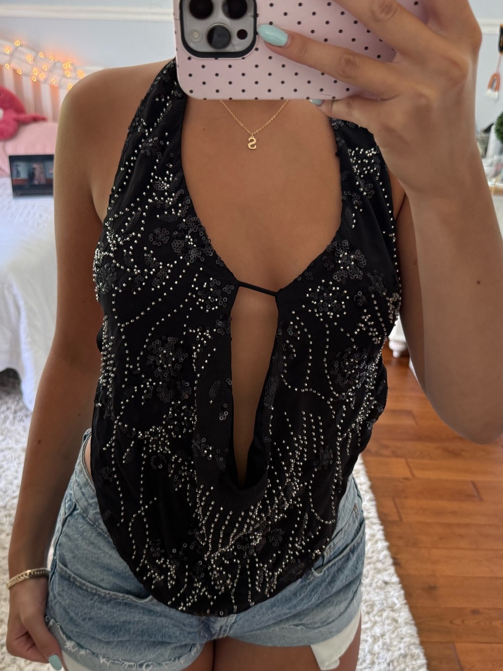 Edikted Black Beaded Halter Drape Camisole - Picture 1 of 3